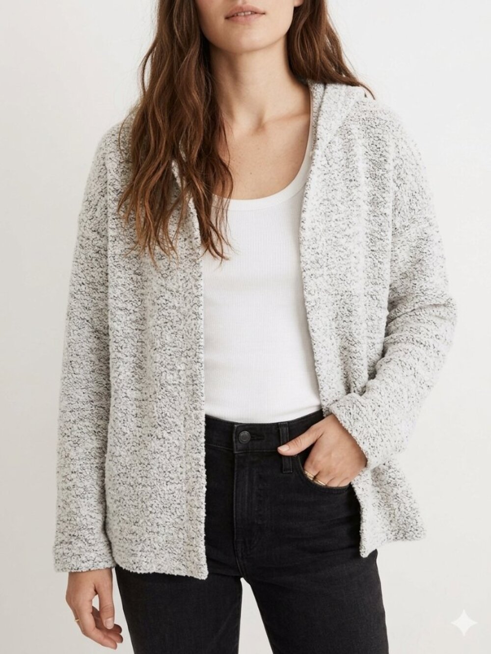 Madewell Textured Light Gray Hoodie Sweater Open Front Cardigan Small